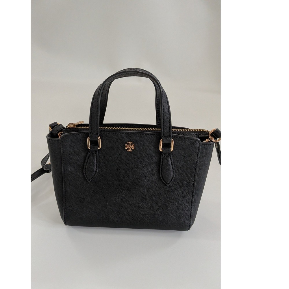 Tory Burch Emerson Mini Tote Crossbody Bag Black Saffiano Leather Gold Hardware